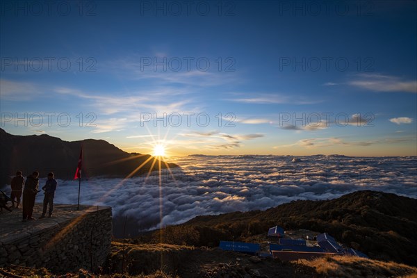 Sunrise over cloud cover in the high camp of Machapuchare