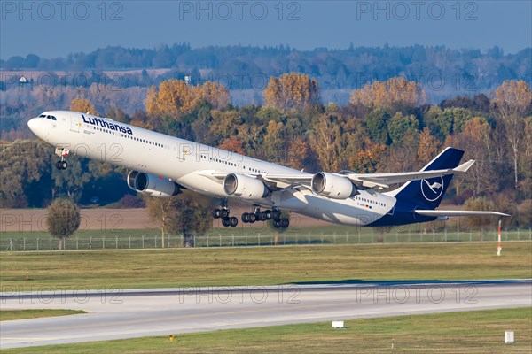 An Airbus A340-600 of Lufthansa with registration D-AIHH at Munich Airport