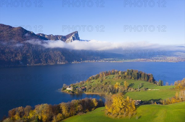 View from Pichl Auhof to the Mondsee lake and dragon wall