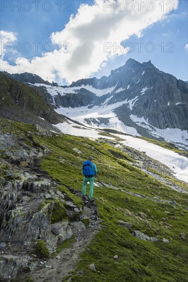 Hikers in front of snow-covered mountains