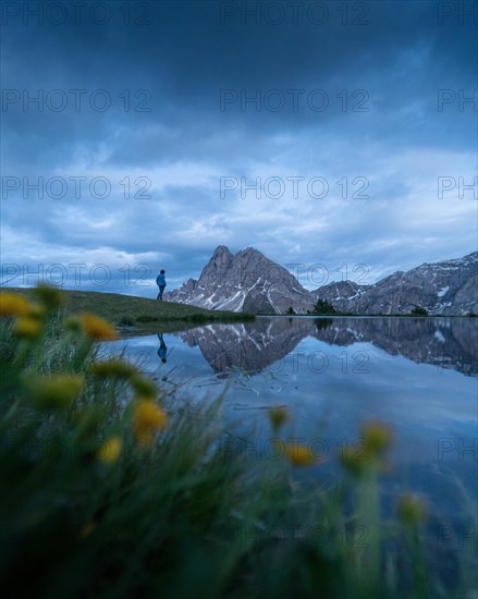 Peitlerkofel with reflection in small lake and flowers