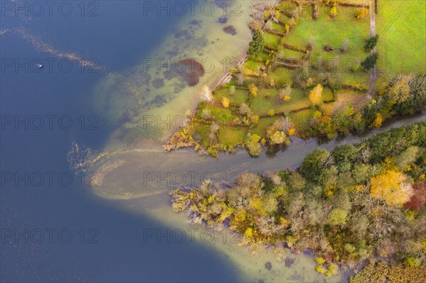 River delta of the Wangauer Ache into the Mondsee with autumnally discoloured mixed forest
