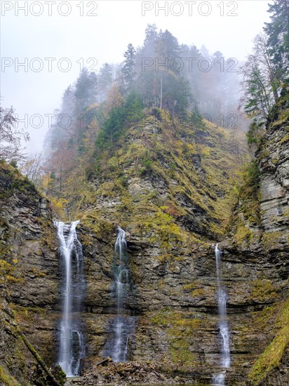 Waterfalls tumble over a rock face in the autumnal mountain forest near Hochnebel