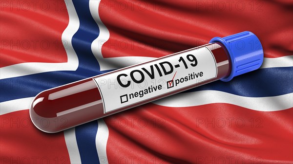 Flag of Norway waving in the wind with a positive Covid-19 blood test tube. 3D illustration