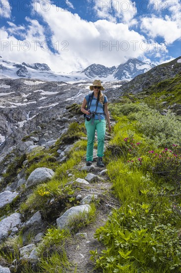 Hiker on the descent from Schoenbichler Horn to the Berliner Huette