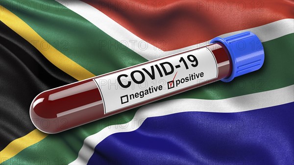 Flag of South Africa waving in the wind with a positive Covid-19 blood test tube. 3D illustration