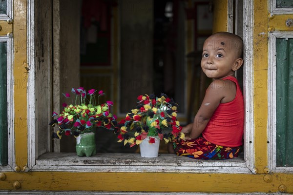 Child looks out of the window of a house decorated with plastic flowers