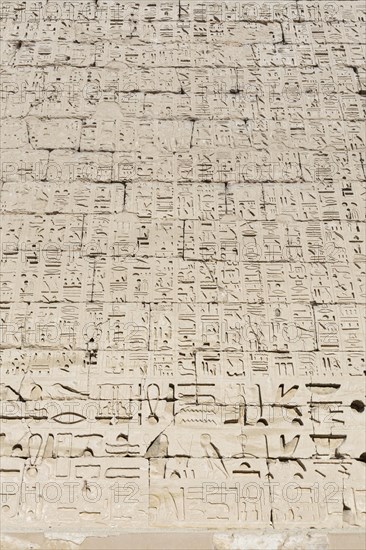 Hieroglypic carvings on wall at the ancient temple of Medinat Habu