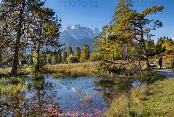 Pond on the Kramerplateauweg with Zugspitze group