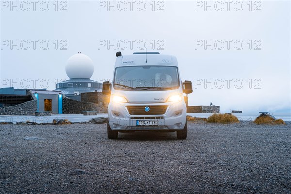 Campervan parked in front of the North Cape building