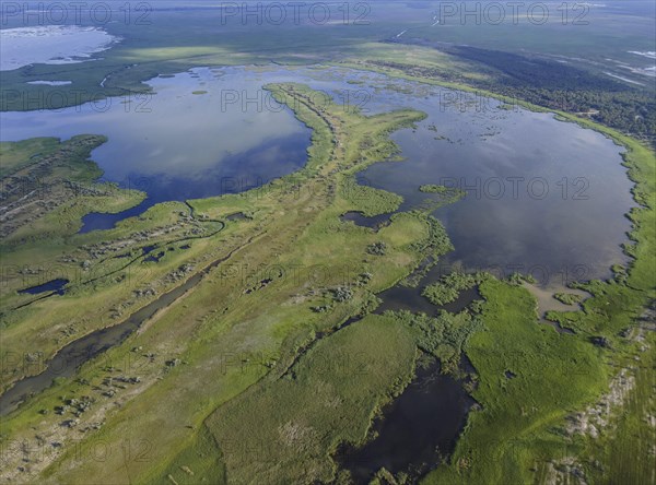 Aerial view on the Danube Biosphere Reserve in Danuble delta. Danube delta