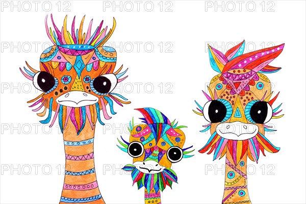 Three painted ostriches