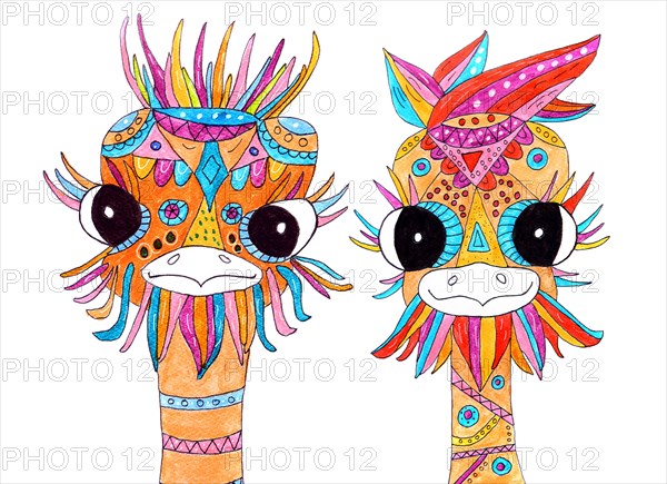 Two painted ostriches