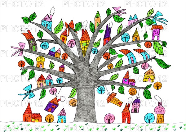 Painted tree with small houses as leaves