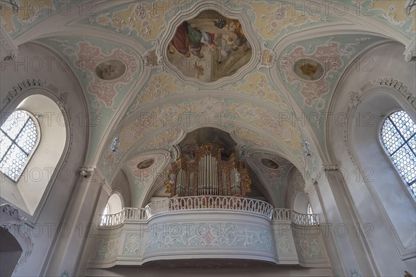 Organ loft of the baroqueized catholic parish church Mariae Himmelfahrt