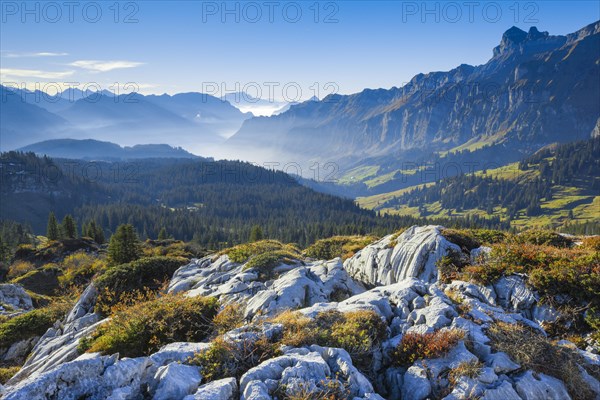 View from Pragelpass with view over Muota valley with Pilatus and Fronalpstock