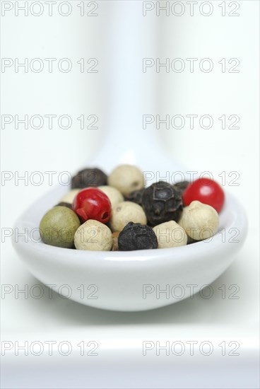 Peppercorns in porcelain spoon