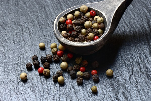 Peppercorns in wooden spoon