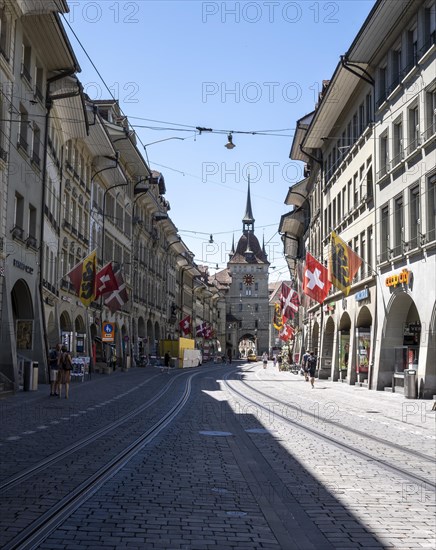 Flags on a row of houses in the old town of Bern