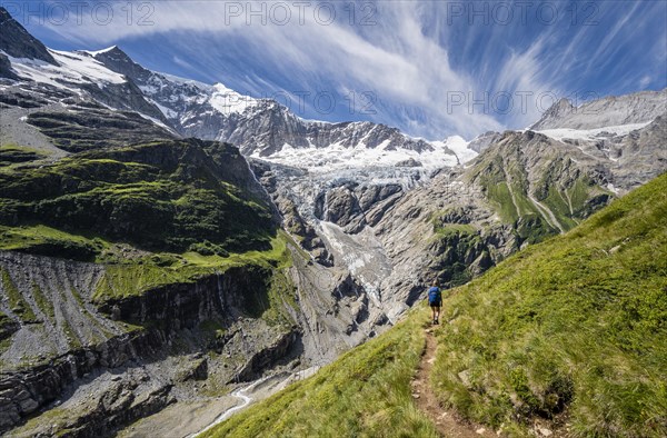 Hiker in the mountains on hiking trail to Grindelwald