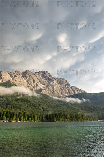 Eibsee lake in front of Zugspitze massif with Zugspitze