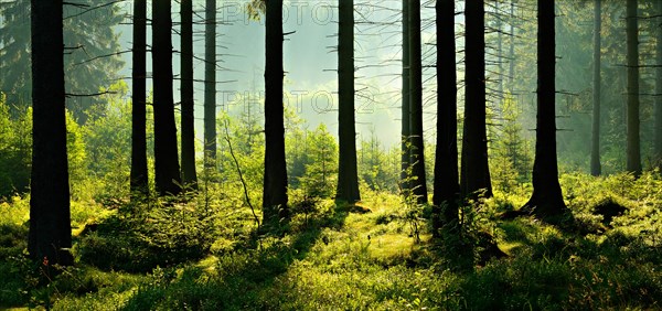 Sun shines through natural spruce forest with morning fog
