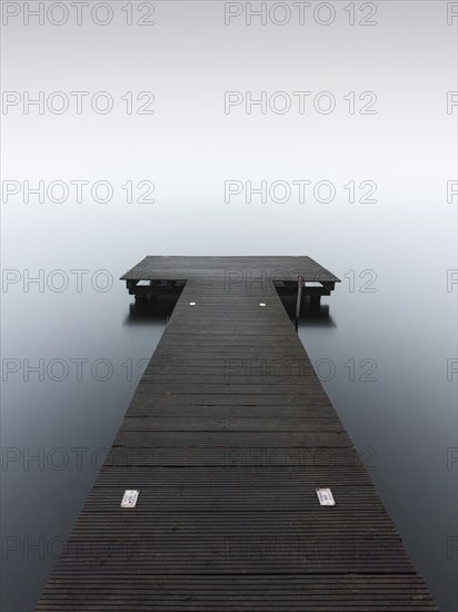 A jetty in dense fog in the Kleiner Schwielochsee