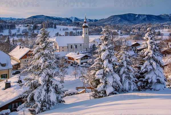 Village view with parish church in early morning light
