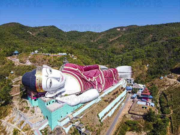 Aerial of a giant reclining buddha in Win Sein Taw Ya outside Mawlamyine
