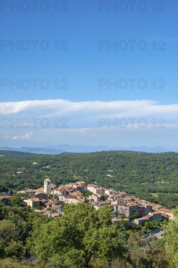 Landscape with the mountain village Ramatuelle and the Massif de l'Esterel in the background