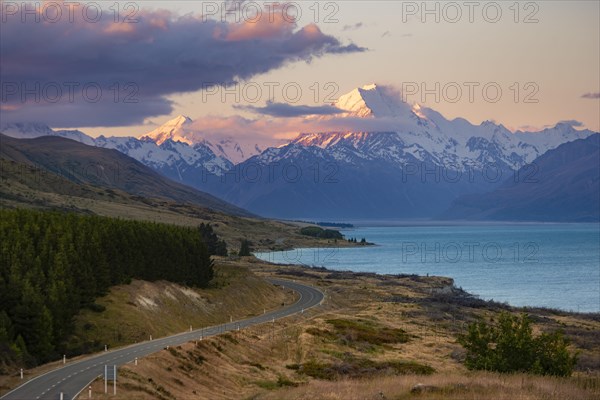 View of Mount Cook with road and lake