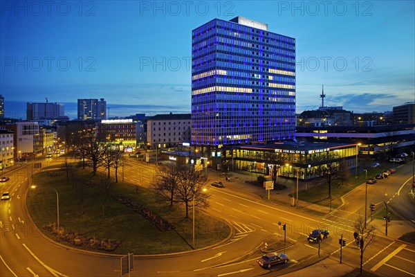 Illuminated Magna Tower in the evening