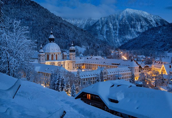 View of the village with the monastery at dusk