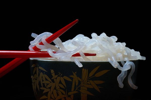 Shirataki noodles made from konjac flour in a bowl with chopsticks