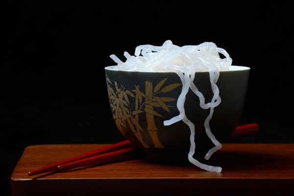 Shirataki noodles made from konjac flour in a bowl with chopsticks