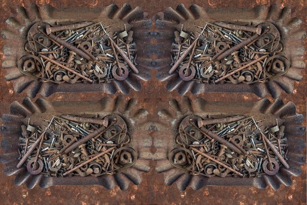 Rusty screws and nails in metal shells