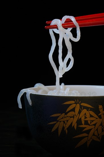 Shirataki noodles made from konjac flour on chopsticks