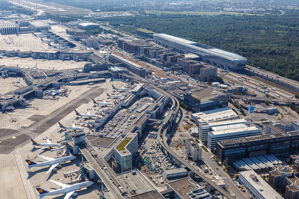 Aerial view Terminal 1 and Lufthansa aircraft at Frankfurt FRA Airport during the Corona Virus COVID-19 in Frankfurt