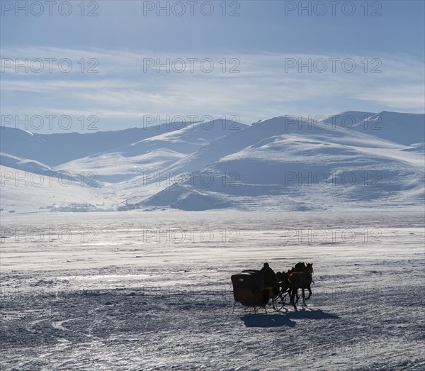 Sledge on the Cildir lake in the city of Ardahan in Turkey