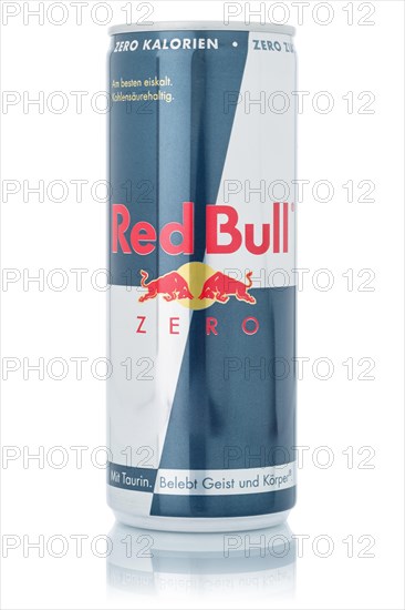 Red Bull Energy Drink Zero lemonade soft drink beverage in beverage can cutout on white background