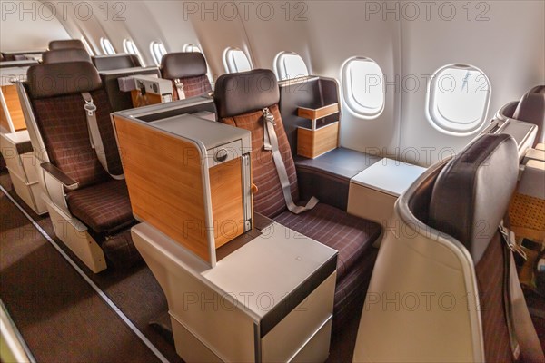 Business Class cabin of an Airbus A340-300 aircraft of Swiss at Zurich Airport