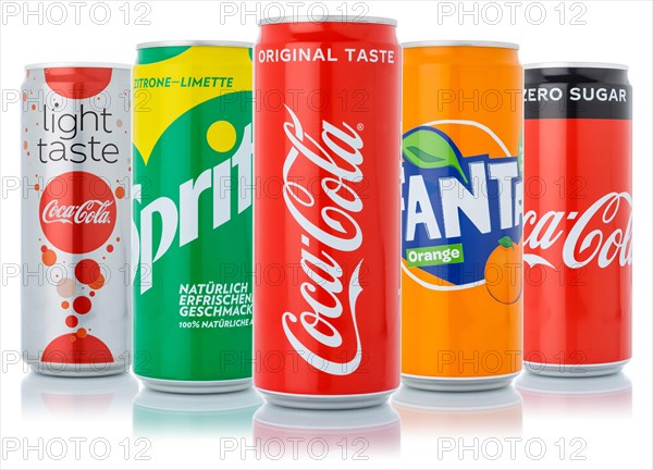 Coca Cola Coca-Cola Fanta Sprite products lemonade soft drink beverage in can cutout isolated against a white background in Germany