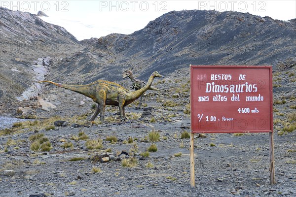 Life-size figure of a dinosaur at the highest site in the world