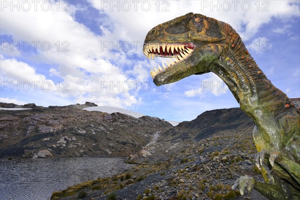 Life-size figure of a dinosaur at the highest site in the world