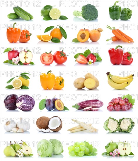 Fruits fruits and vegetables apple tomatoes orange lemon lettuce colors collection cropped isolated against a white background