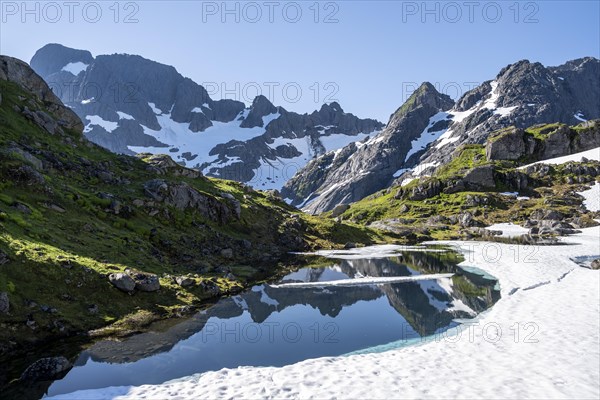 Mountains reflected in the lake Isvatnet with ice