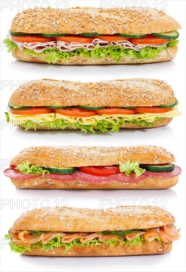 Baguette with ham salami cheese salmon fish collection side exempted exempted wholemeal baguettes isolated
