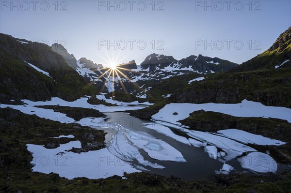 Sun over lake Isvatnet with ice