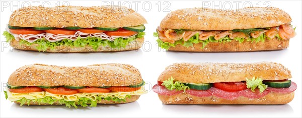 Baguette with ham salami cheese salmon fish collection side exempted exempted wholemeal baguettes isolated