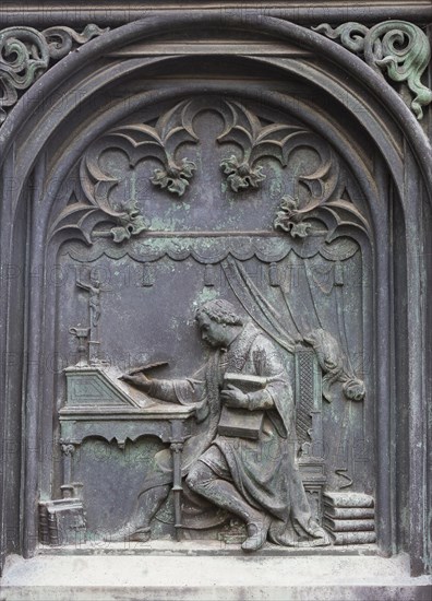 Scenes from the life of Martin Luther on the pedestal of the Luther Monument in Moehra
